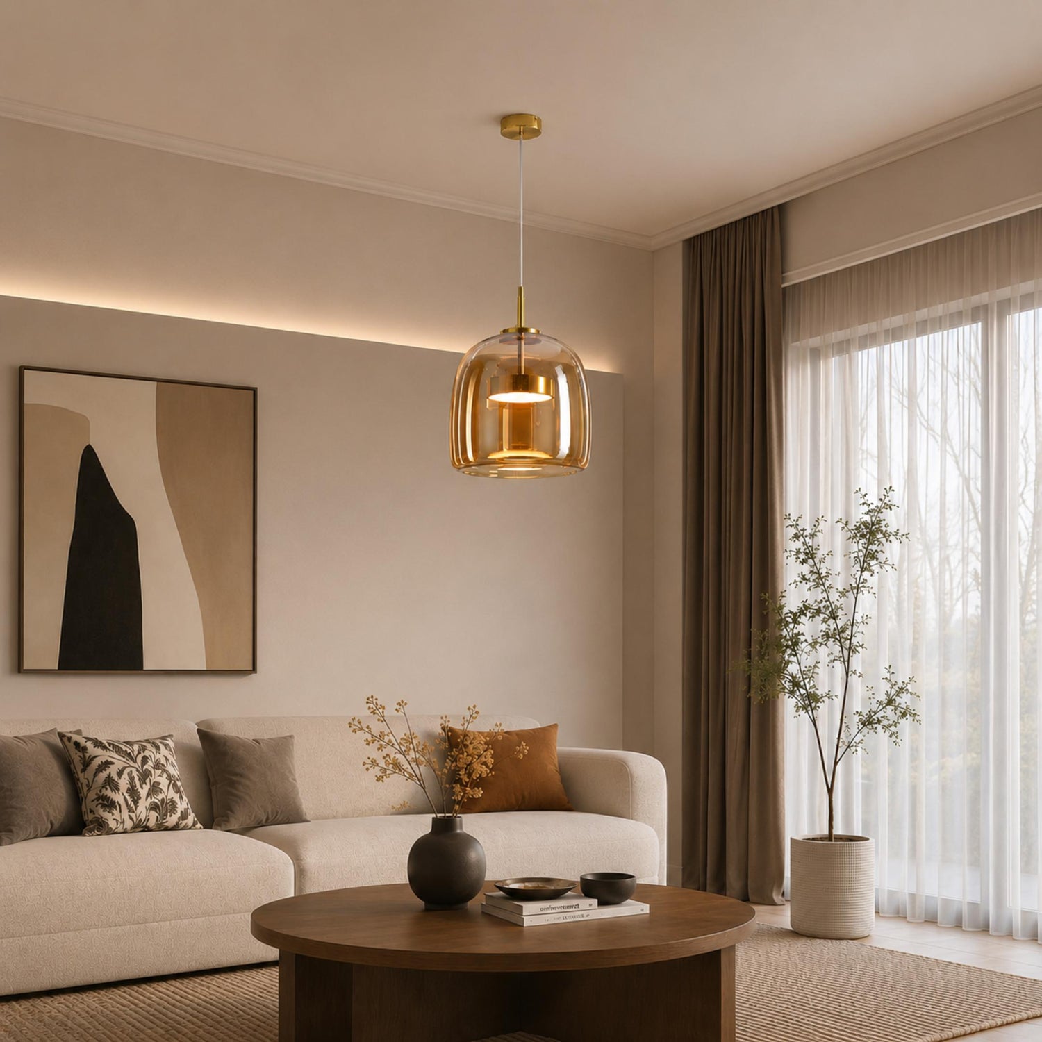 Modern Hanging Pendant Light Adjustable Black Iron Frame Hand-Blown Glass LED
