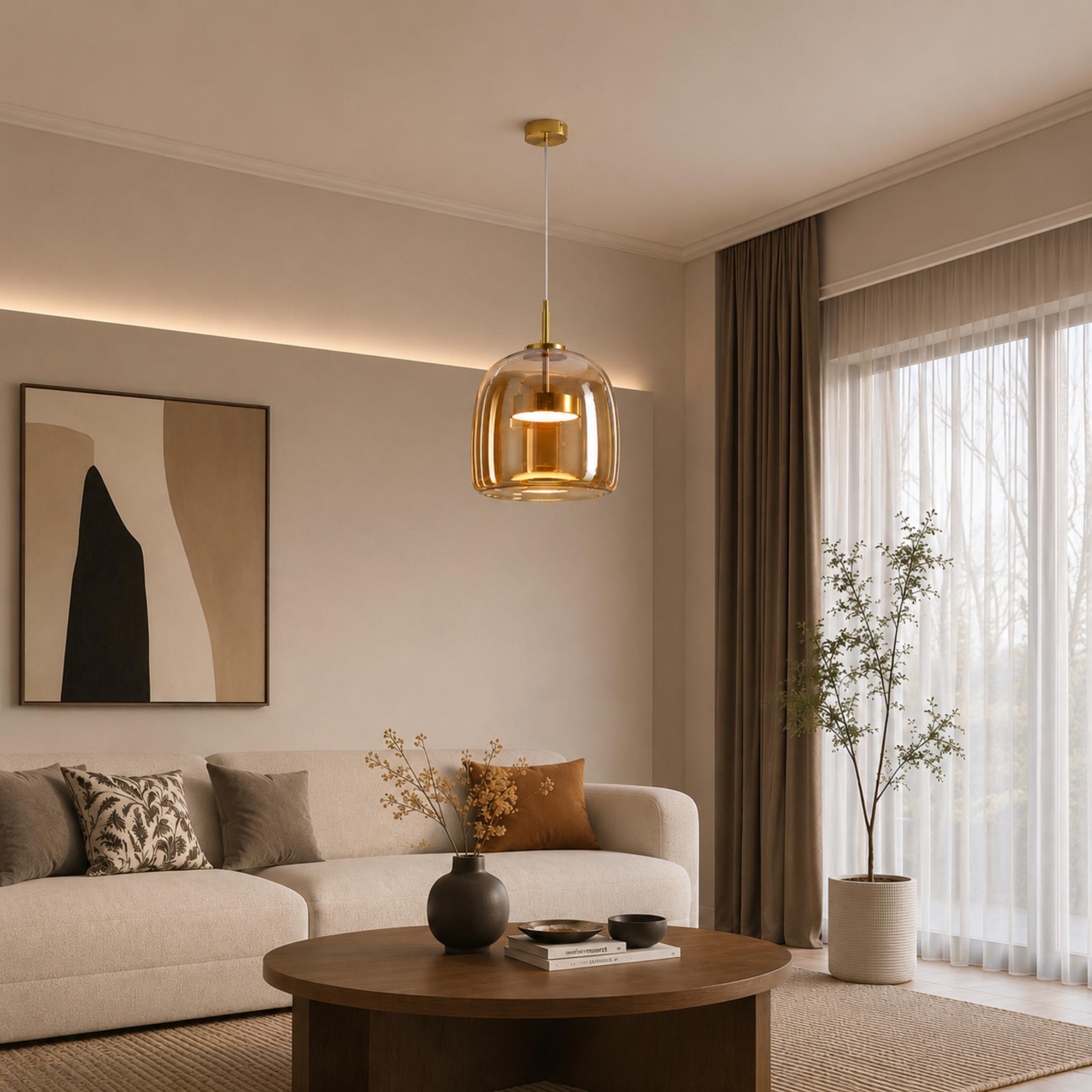 Modern Hanging Pendant Light Adjustable Black Iron Frame Hand-Blown Glass LED