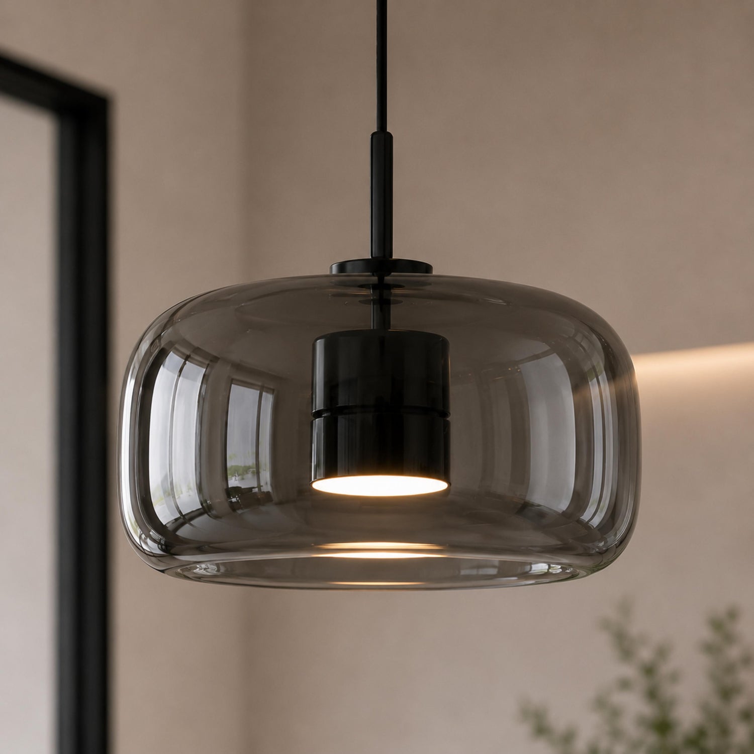 Modern Hanging Pendant Light Adjustable Black Iron Frame Hand-Blown Glass LED