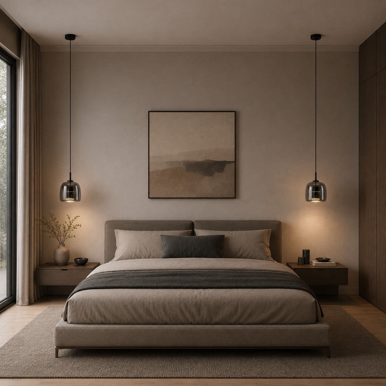 Modern Hanging Pendant Light Adjustable Black Iron Frame Hand-Blown Glass LED