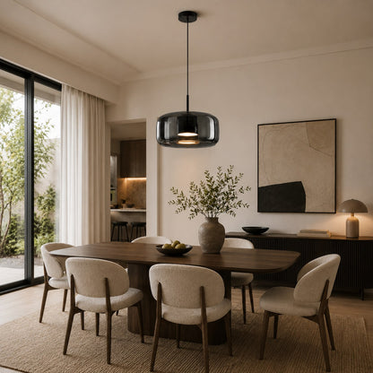 Modern Hanging Pendant Light Adjustable Black Iron Frame Hand-Blown Glass LED
