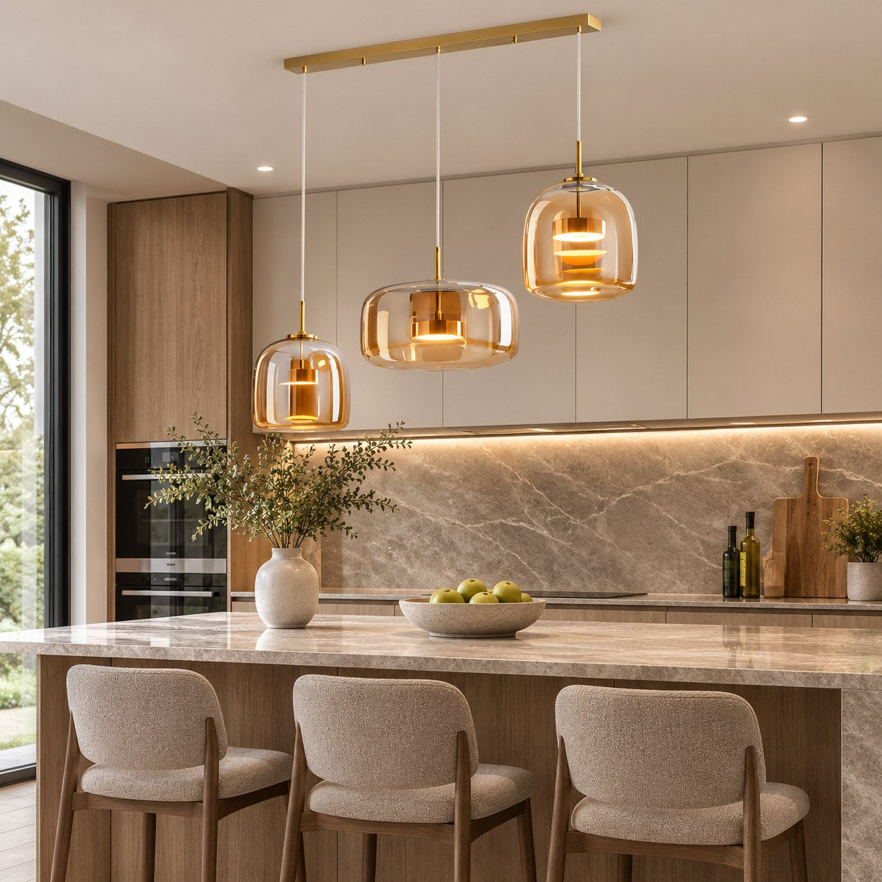 Modern Hanging Pendant Light Adjustable Black Iron Frame Hand-Blown Glass LED
