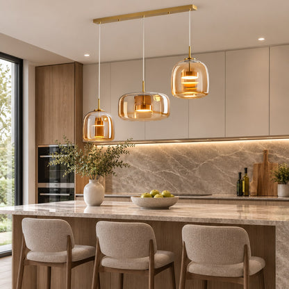 Modern Hanging Pendant Light Adjustable Black Iron Frame Hand-Blown Glass LED