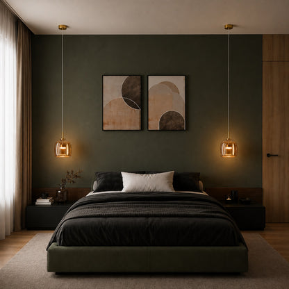 Modern Hanging Pendant Light Adjustable Black Iron Frame Hand-Blown Glass LED