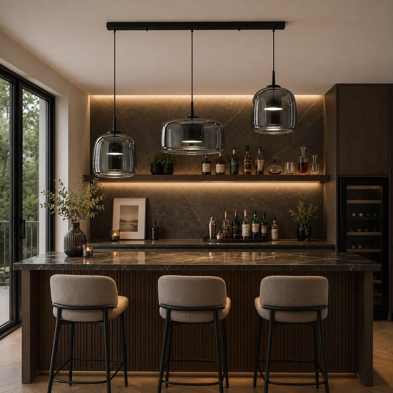 Modern Hanging Pendant Light Adjustable Black Iron Frame Hand-Blown Glass LED