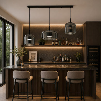 Modern Hanging Pendant Light Adjustable Black Iron Frame Hand-Blown Glass LED