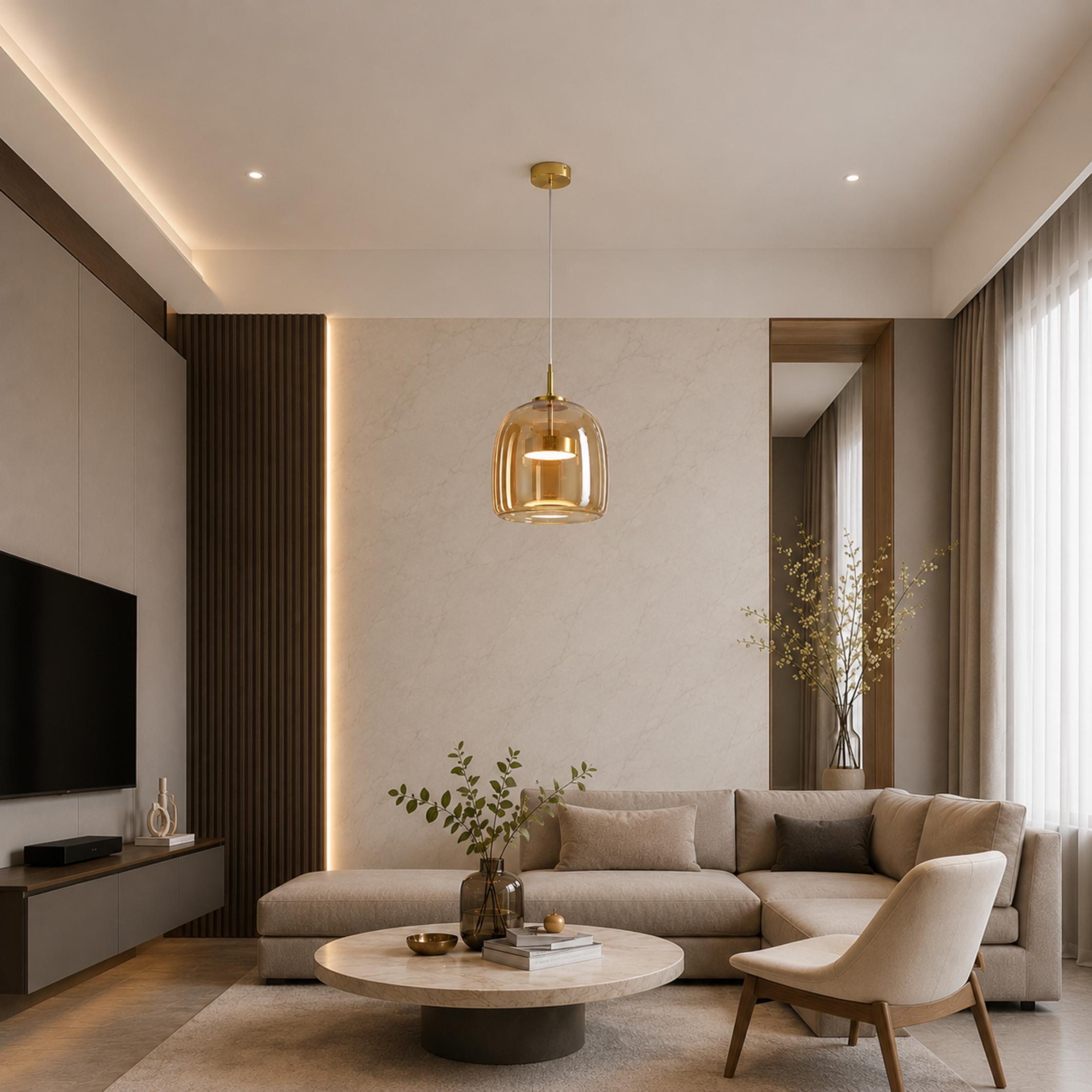 Modern Hanging Pendant Light Adjustable Black Iron Frame Hand-Blown Glass LED