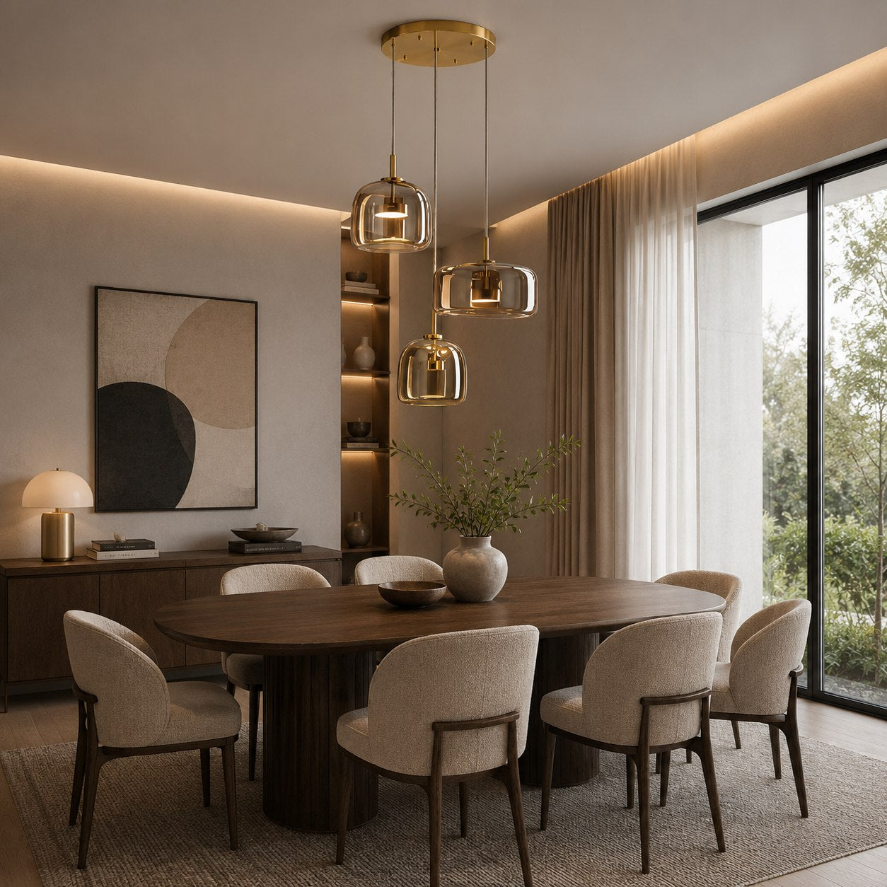 Modern Hanging Pendant Light Adjustable Black Iron Frame Hand-Blown Glass LED