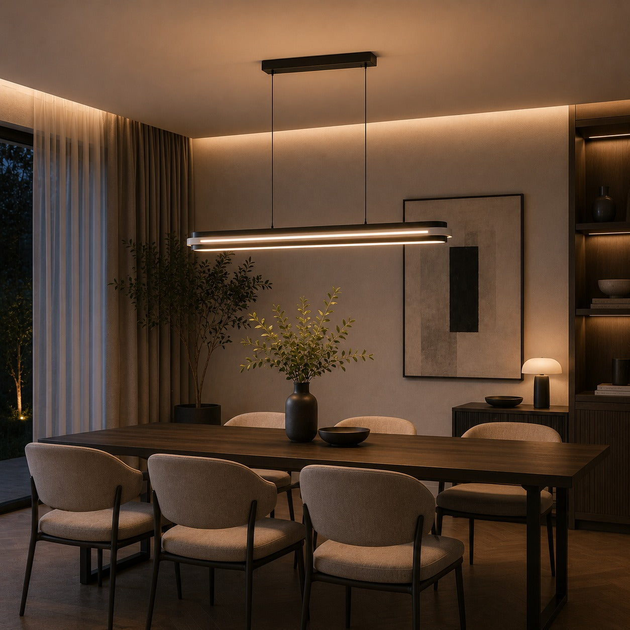 Modern Linear Pendant Lamp Adjustable Hanging Metal LED Ceiling Light Dimmable for Kitchen Dining Room