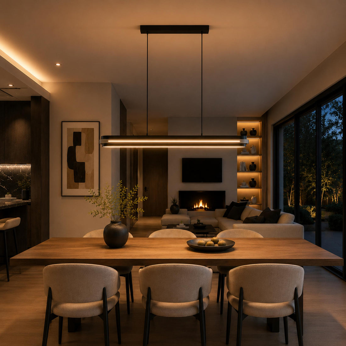 Modern Linear Pendant Lamp Adjustable Hanging Metal LED Ceiling Light Dimmable for Kitchen Dining Room