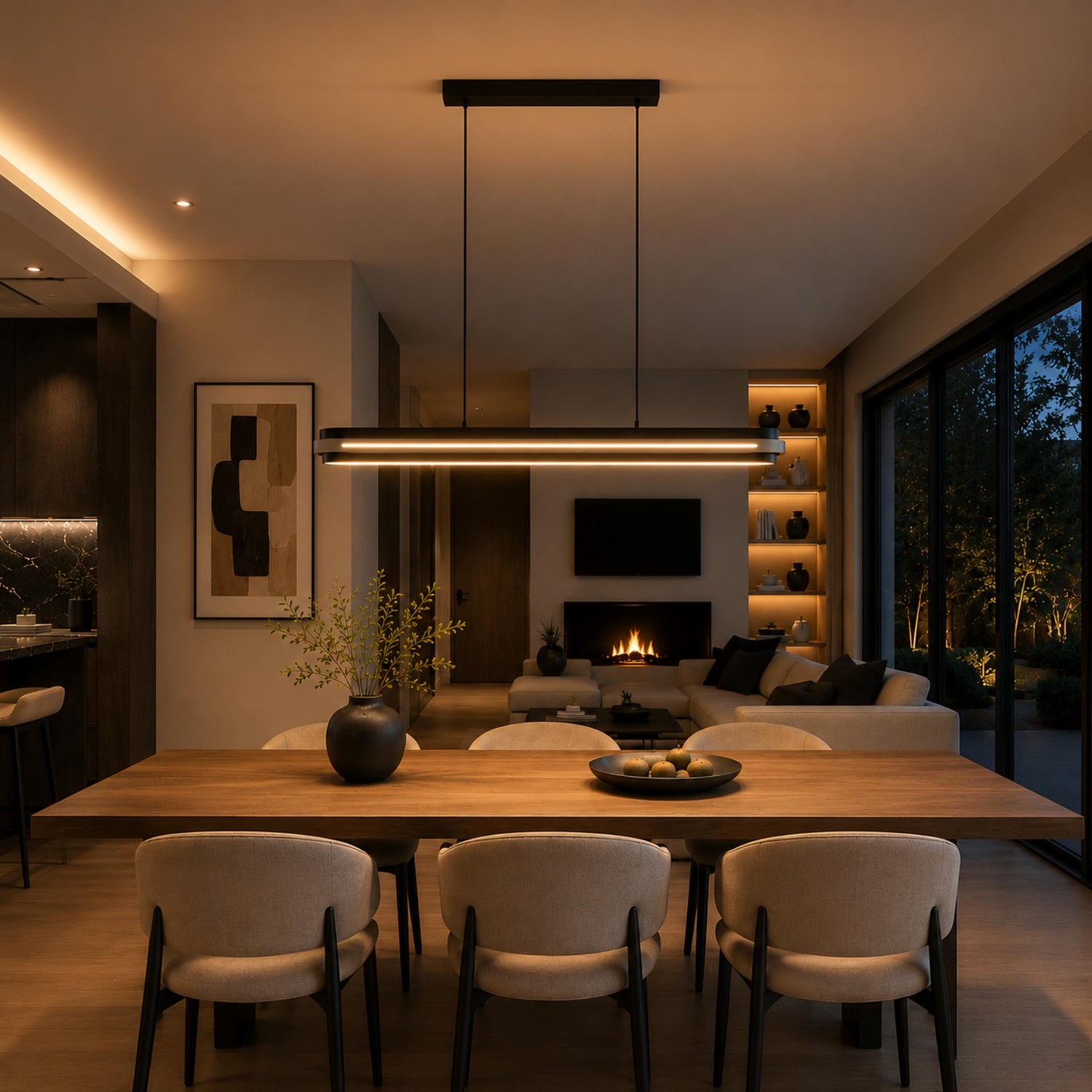 Modern Linear Pendant Lamp Adjustable Hanging Metal LED Ceiling Light Dimmable for Kitchen Dining Room