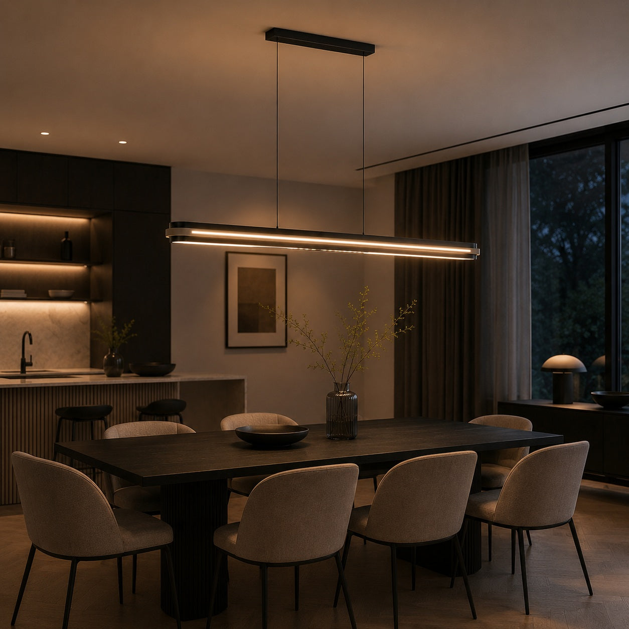 Modern Linear Pendant Lamp Adjustable Hanging Metal LED Ceiling Light Dimmable for Kitchen Dining Room