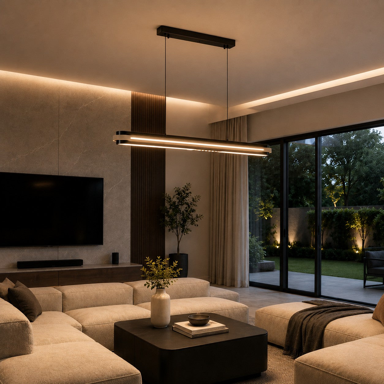 Modern Linear Pendant Lamp Adjustable Hanging Metal LED Ceiling Light Dimmable for Kitchen Dining Room
