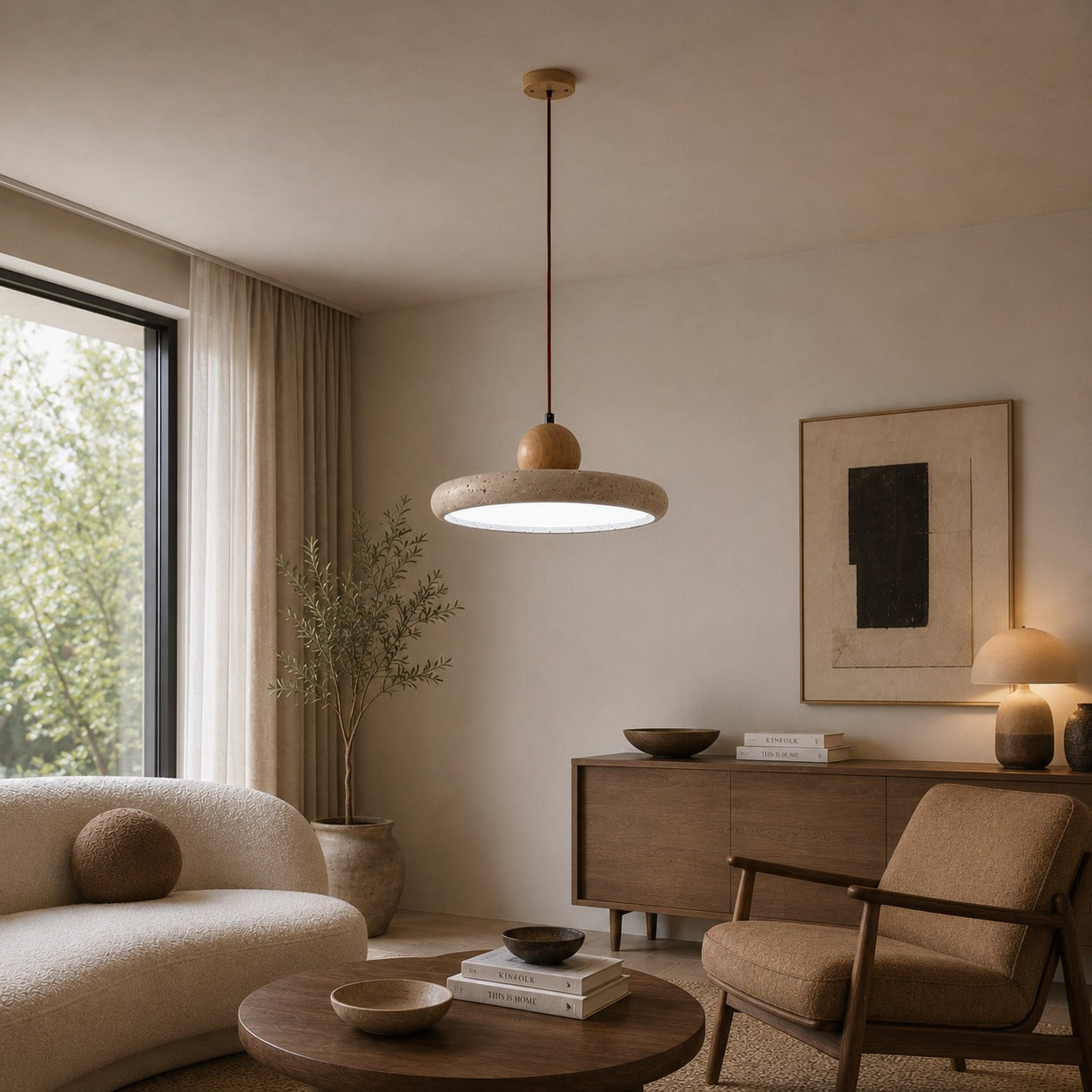 Modern Pendant Lamp Hanging LED Travertine Stone Kitchen Pendant Lighting 30cm Diameter