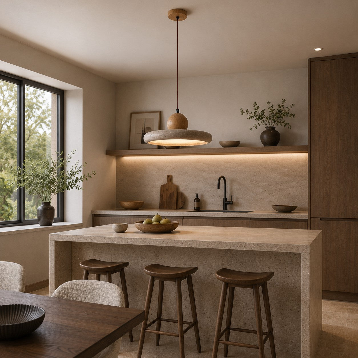 Modern Pendant Lamp Hanging LED Travertine Stone Kitchen Pendant Lighting 30cm Diameter