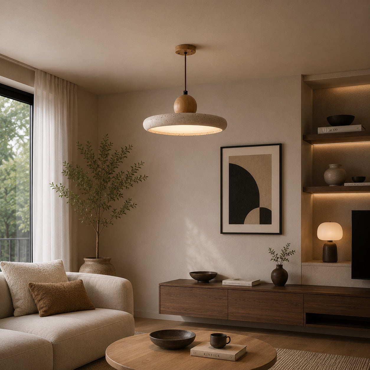 Modern Pendant Lamp Hanging LED Travertine Stone Kitchen Pendant Lighting 30cm Diameter