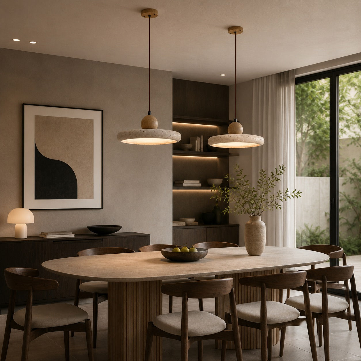 Modern Pendant Lamp Hanging LED Travertine Stone Kitchen Pendant Lighting 30cm Diameter