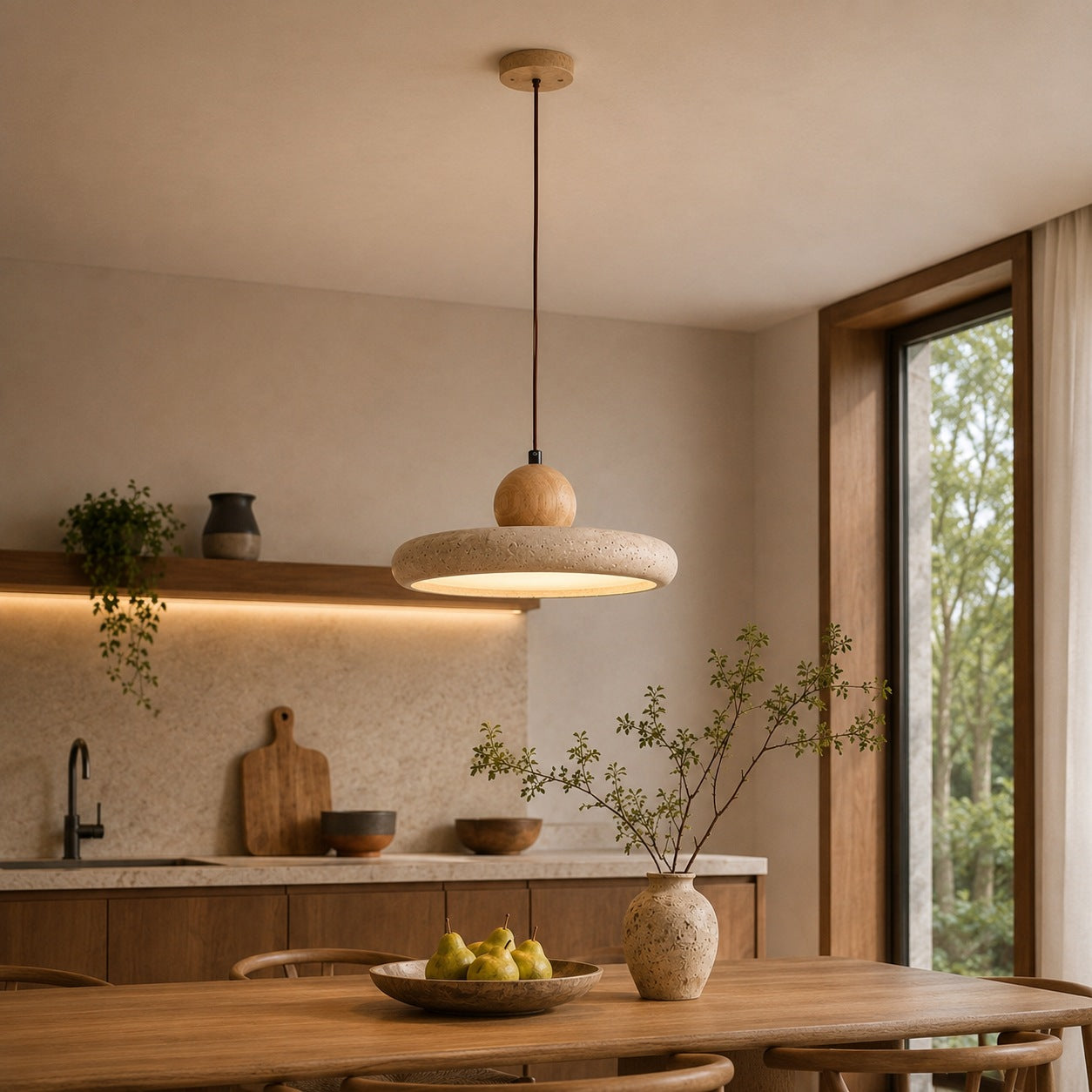 Modern Pendant Lamp Hanging LED Travertine Stone Kitchen Pendant Lighting 30cm Diameter