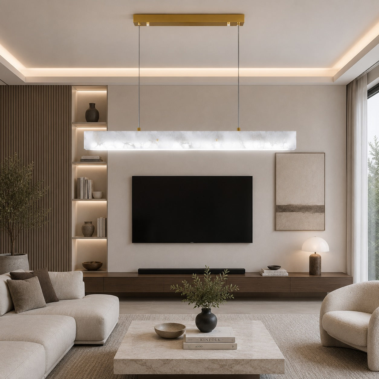 Modern Pendant Light Adjustable Hanging Stainless Steel and Marble LED Fixture for Kitchen Island