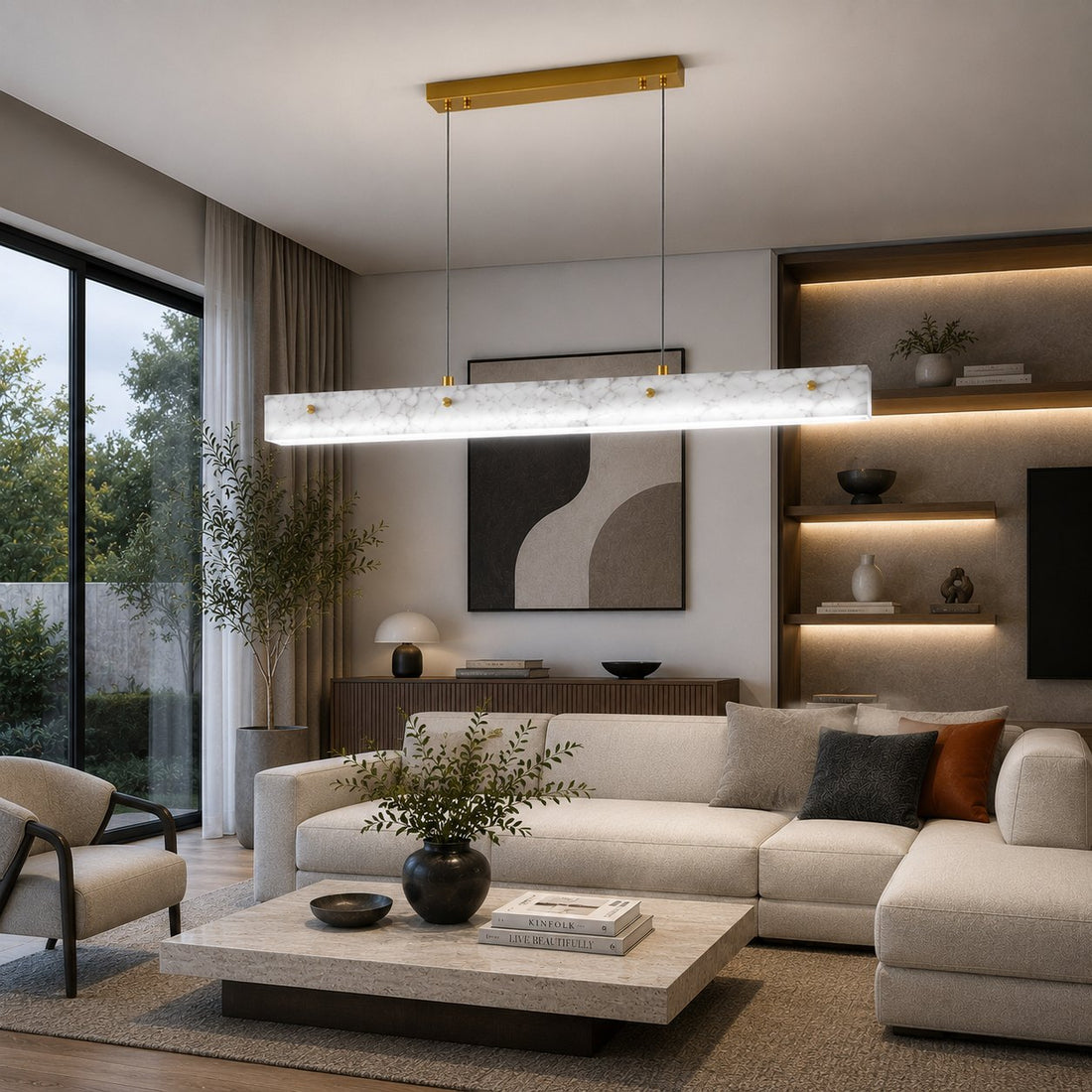 Modern Pendant Light Adjustable Hanging Stainless Steel and Marble LED Fixture for Kitchen Island