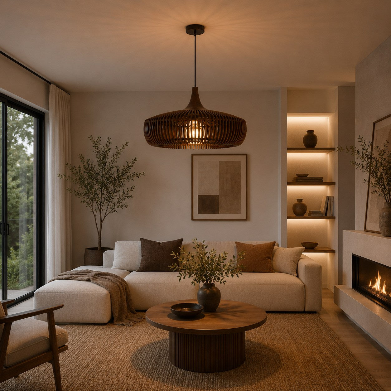 Modern Scandinavian Pendant Light Hanging Wood LED Compatible Minimalist Design 43cm Diameter