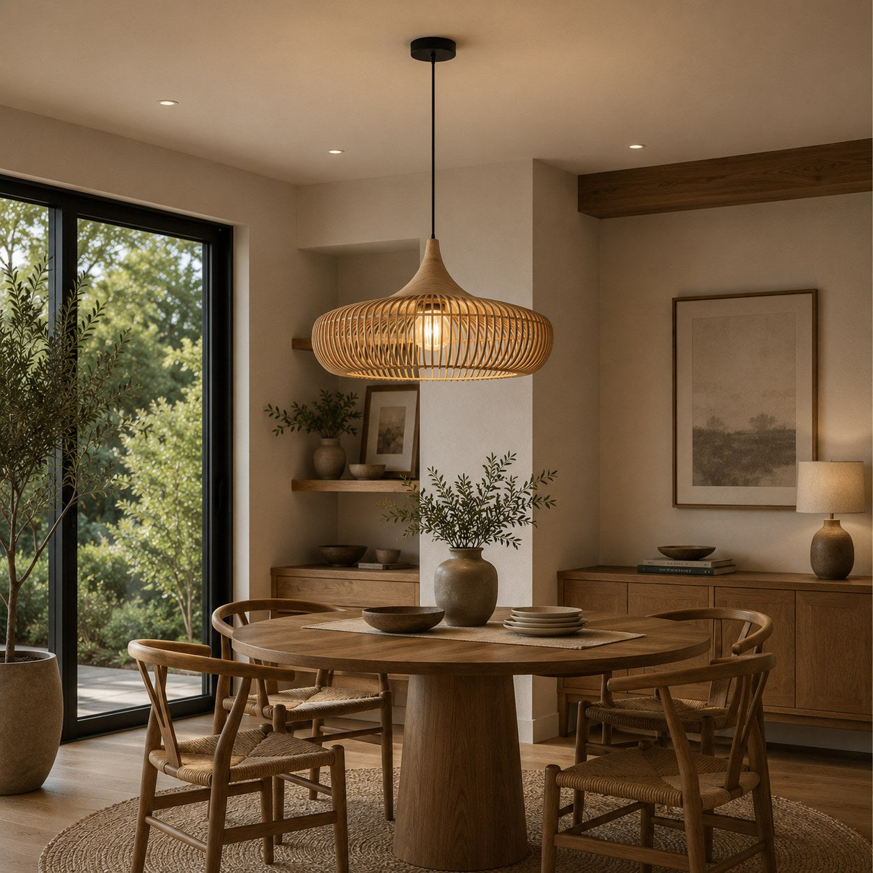 Modern Scandinavian Pendant Light Hanging Wood LED Compatible Minimalist Design 43cm Diameter