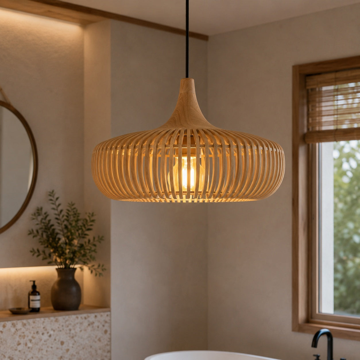 Modern Scandinavian Pendant Light Hanging Wood LED Compatible Minimalist Design 43cm Diameter