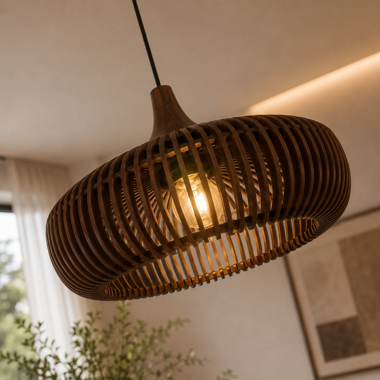 Modern Scandinavian Pendant Light Hanging Wood LED Compatible Minimalist Design 43cm Diameter
