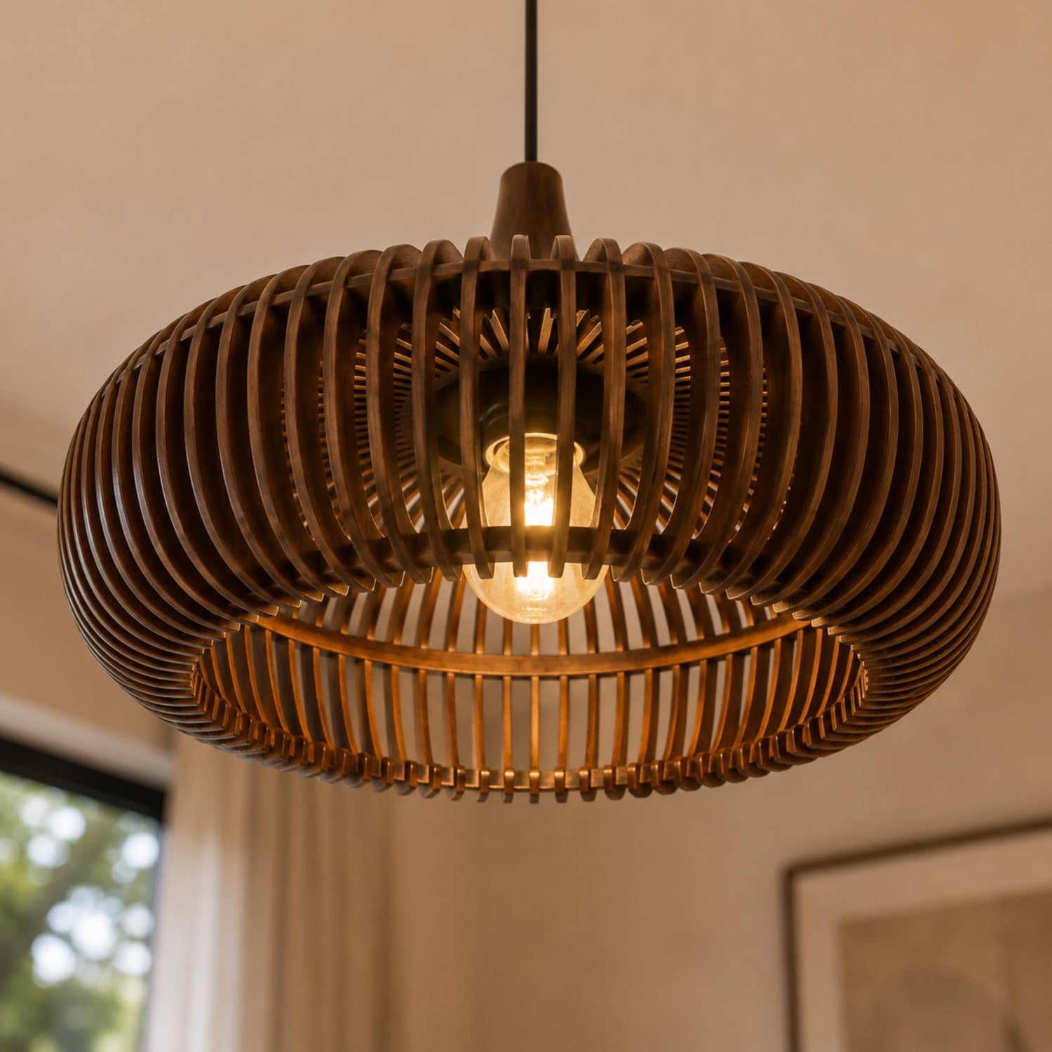 Modern Scandinavian Pendant Light Hanging Wood LED Compatible Minimalist Design 43cm Diameter