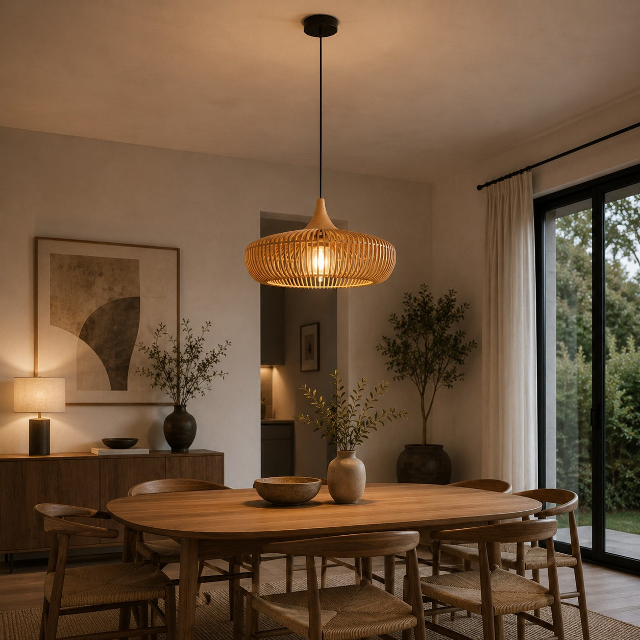 Modern Scandinavian Pendant Light Hanging Wood LED Compatible Minimalist Design 43cm Diameter