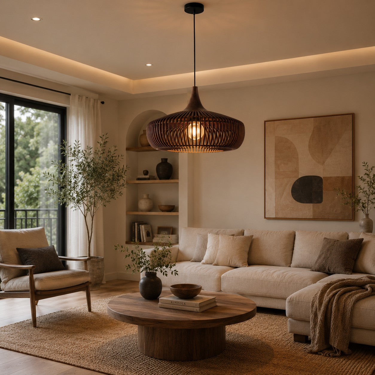 Modern Scandinavian Pendant Light Hanging Wood LED Compatible Minimalist Design 43cm Diameter