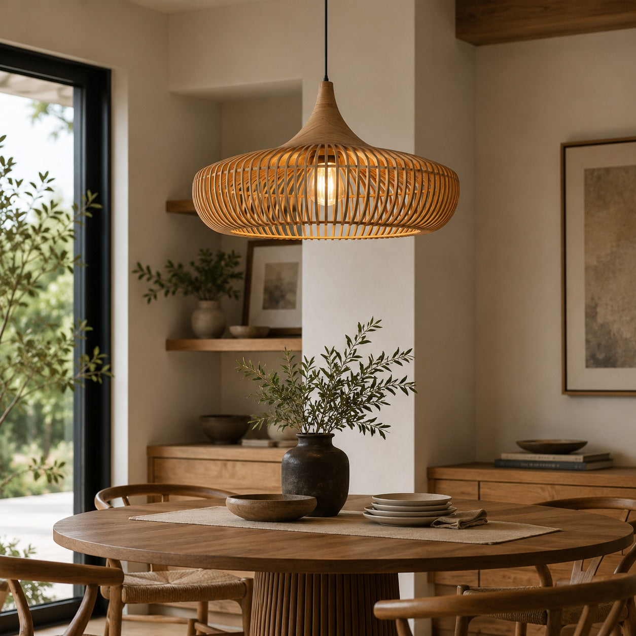 Modern Scandinavian Pendant Light Hanging Wood LED Compatible Minimalist Design 43cm Diameter