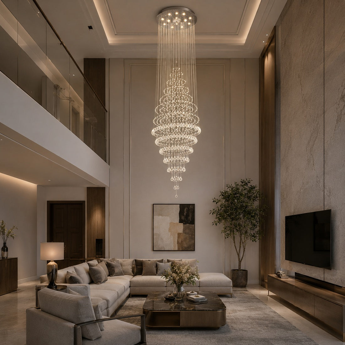 Modern Spiral Chandelier Hanging Fixture Adjustable Chrome Base K9 Crystal LED