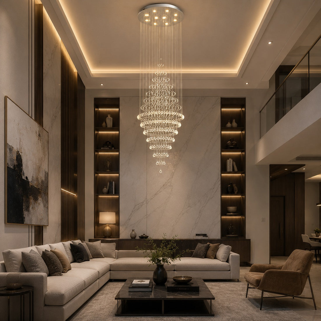 Modern Spiral Chandelier Hanging Fixture Adjustable Chrome Base K9 Crystal LED