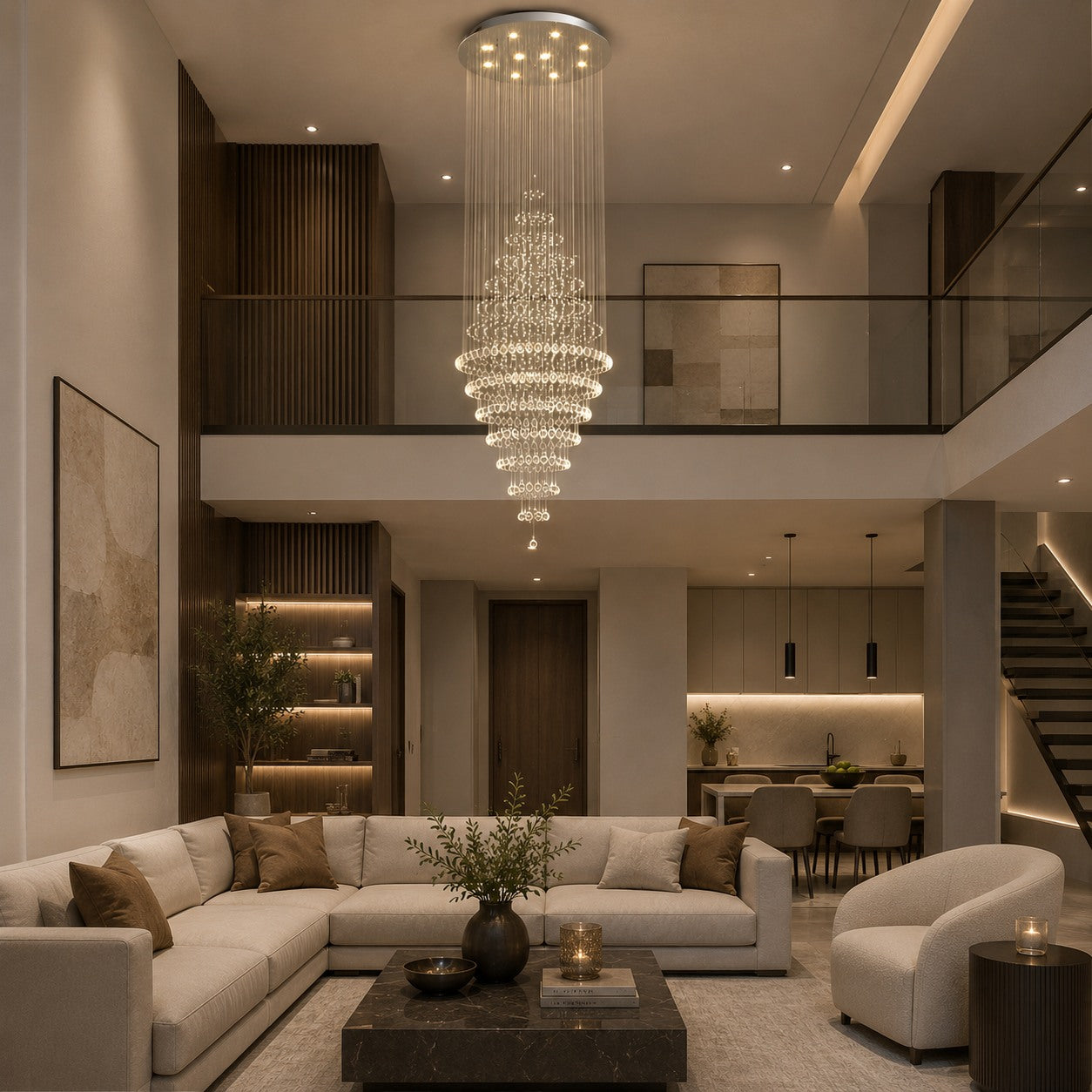 Modern Spiral Chandelier Hanging Fixture Adjustable Chrome Base K9 Crystal LED