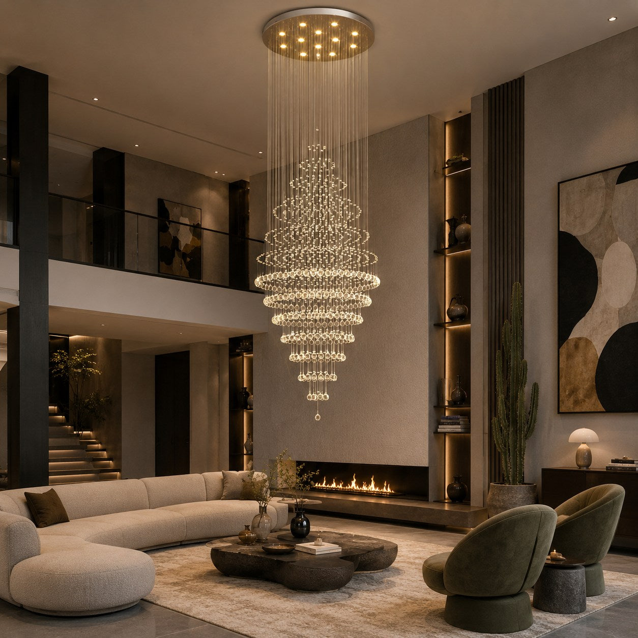 Modern Spiral Chandelier Hanging Fixture Adjustable Chrome Base K9 Crystal LED