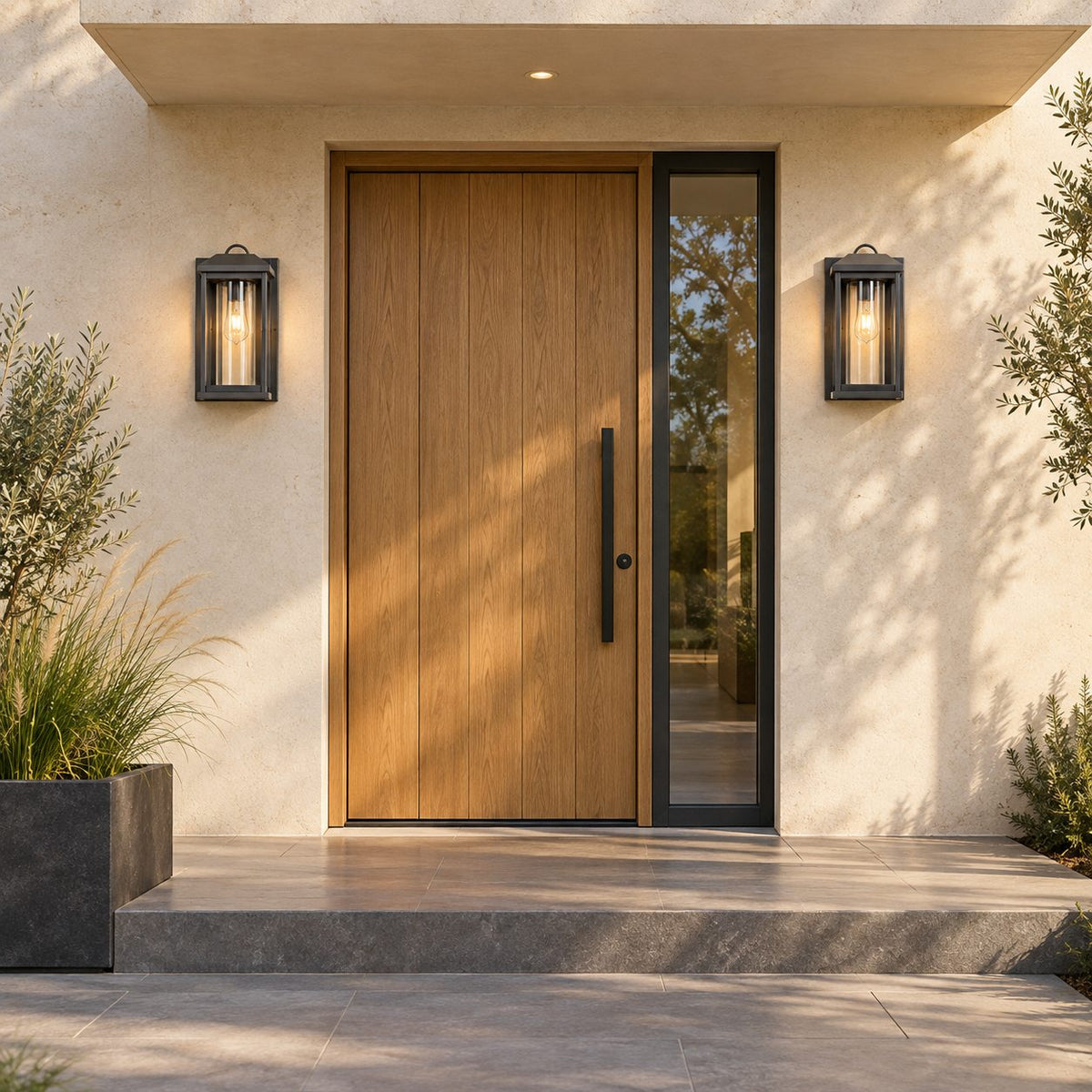 Modern IP65 Outdoor Wall Light with Clear Glass &amp; Sandblasted Black Aluminium Frame