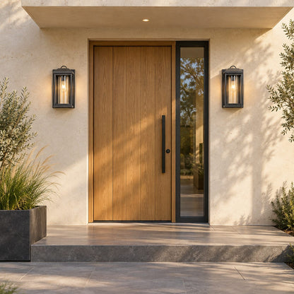 Modern IP65 Outdoor Wall Light with Clear Glass &amp; Sandblasted Black Aluminium Frame