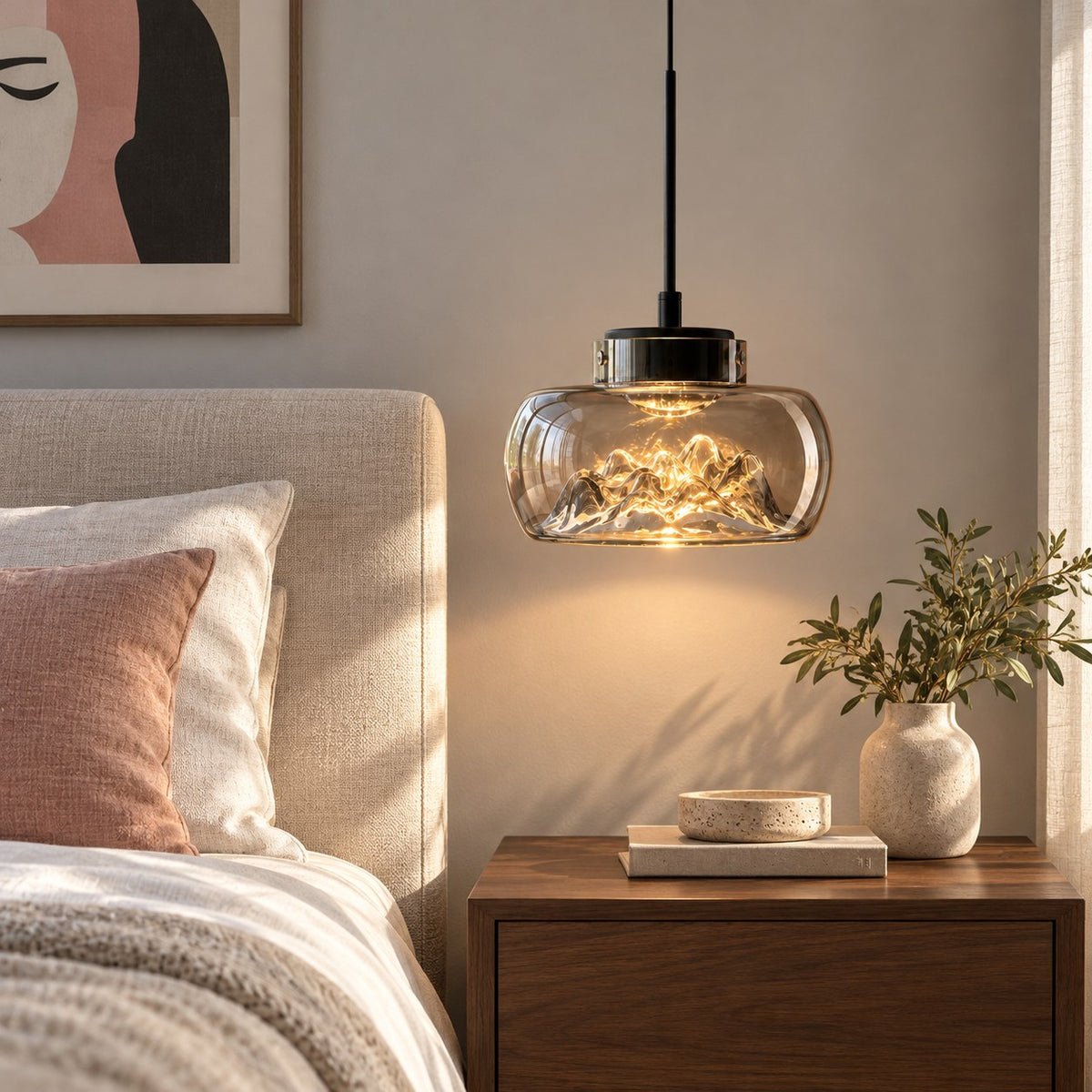 Modern Glass Pendant Lighting Hanging Fixture with Iron Frame and Textured Interior for Warm Illumination