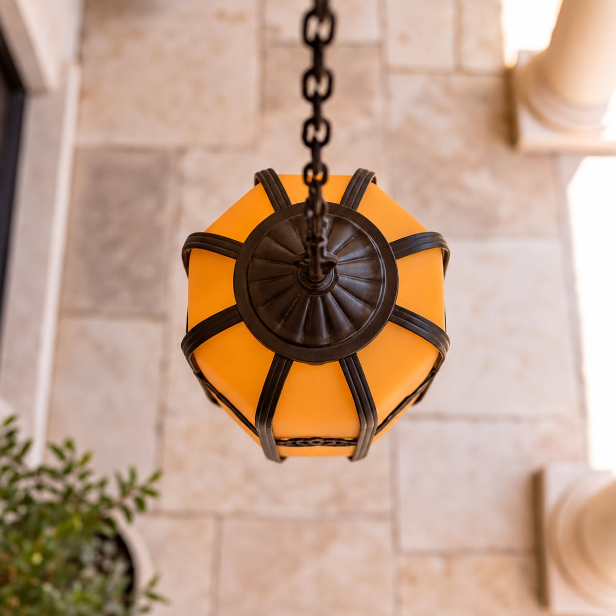 Traditional Outdoor Hanging Light with Faux Alabaster Panels &amp; Sandblasted Black Aluminium Frame
