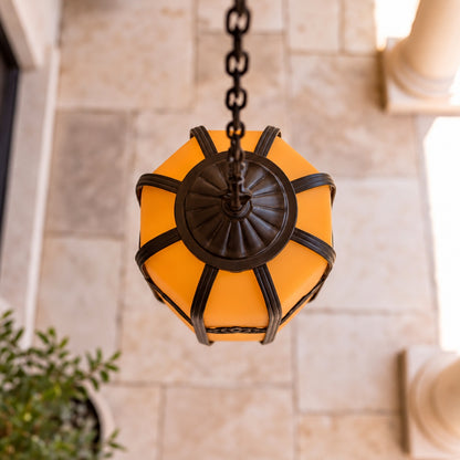 Traditional Outdoor Hanging Light with Faux Alabaster Panels &amp; Sandblasted Black Aluminium Frame