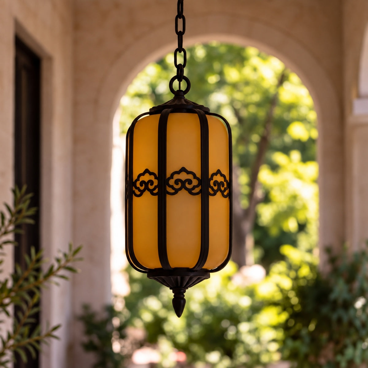 Traditional Outdoor Hanging Light with Faux Alabaster Panels &amp; Sandblasted Black Aluminium Frame
