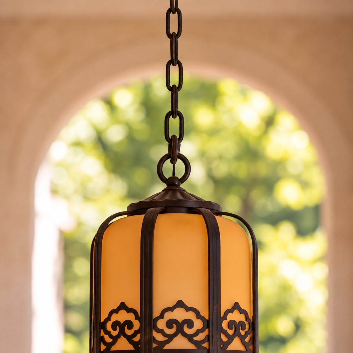 Traditional Outdoor Hanging Light with Faux Alabaster Panels &amp; Sandblasted Black Aluminium Frame