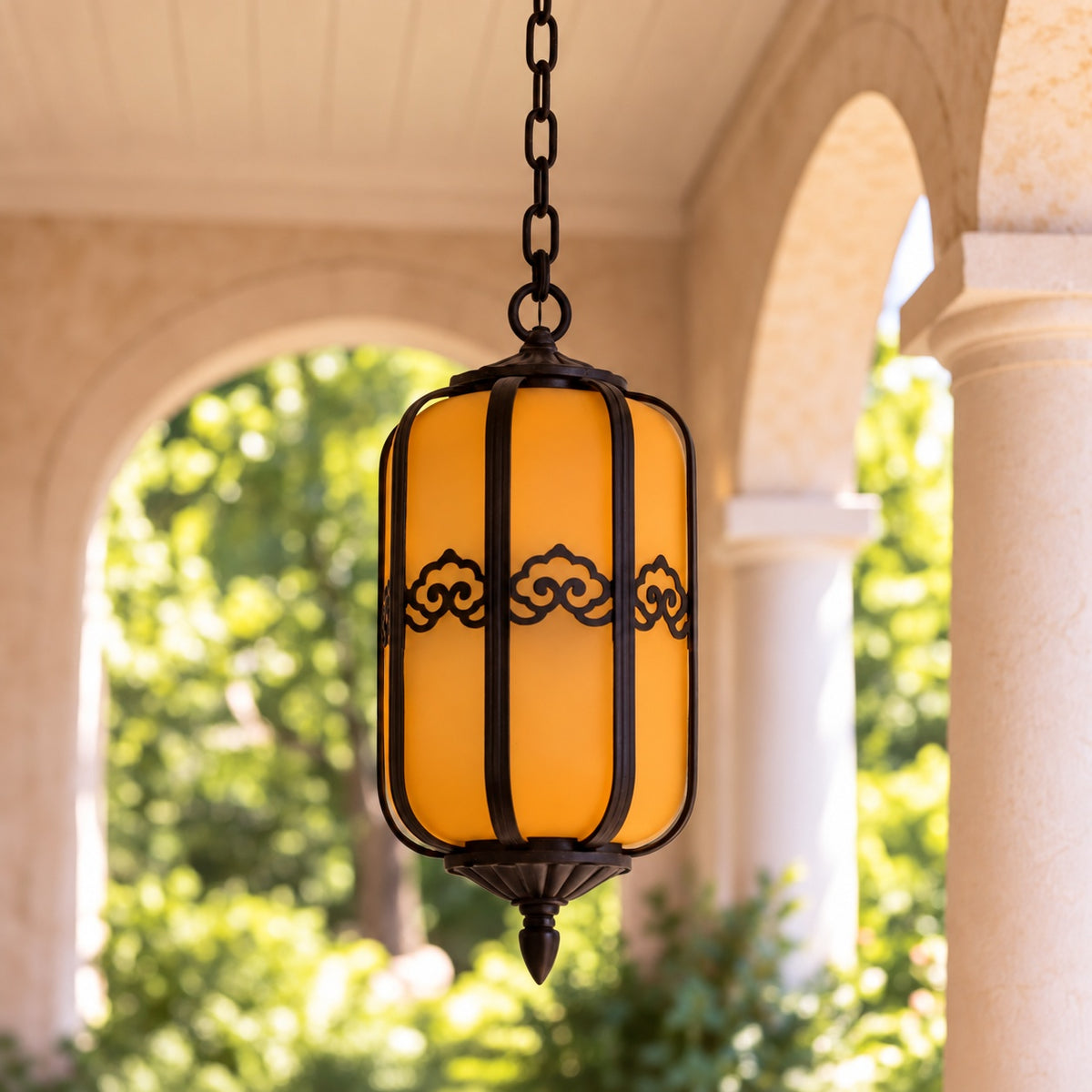 Traditional Outdoor Hanging Light with Faux Alabaster Panels &amp; Sandblasted Black Aluminium Frame