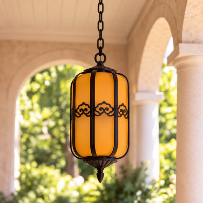 Traditional Outdoor Hanging Light with Faux Alabaster Panels &amp; Sandblasted Black Aluminium Frame