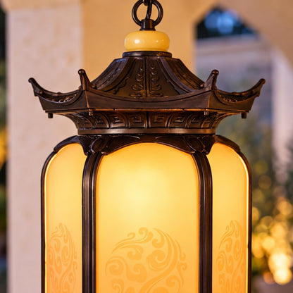 Traditional Pagoda Outdoor Pendant Light with Faux Alabaster Panels &amp; Bronze Gold Aluminium Frame