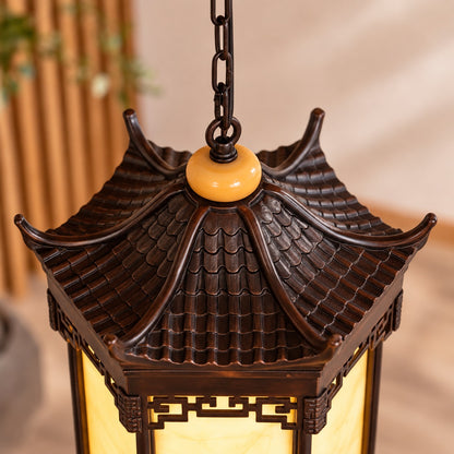 Traditional Pagoda Outdoor Hanging Light with Faux Alabaster &amp; Bronze Gold Aluminium Frame