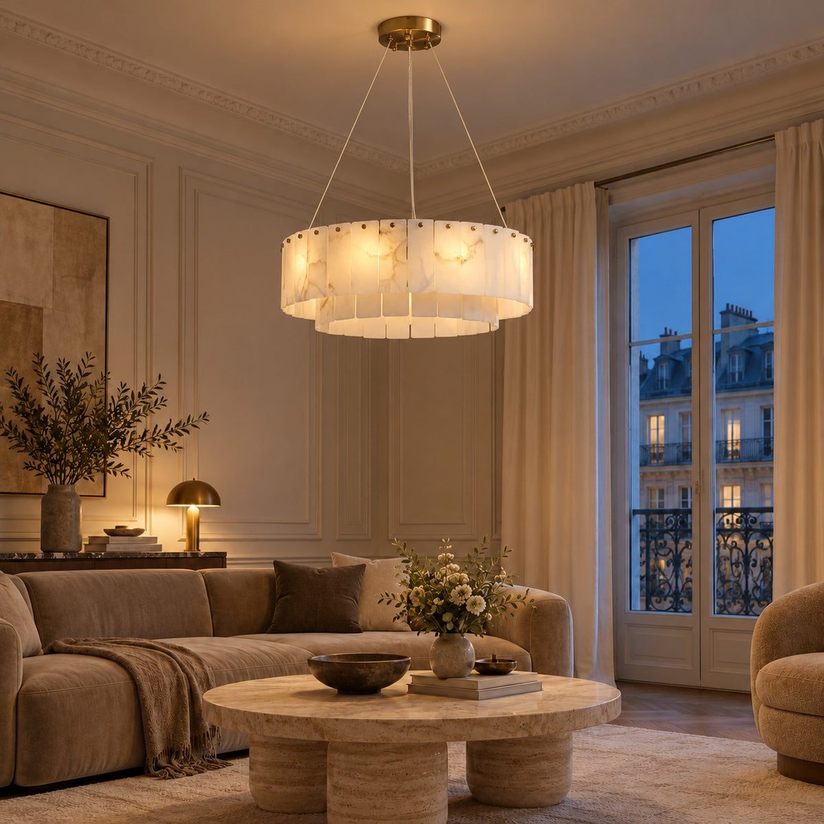 Modern Chandelier Adjustable Hanging Alabaster 9 Light Fixture for Dining Room Gold Finish