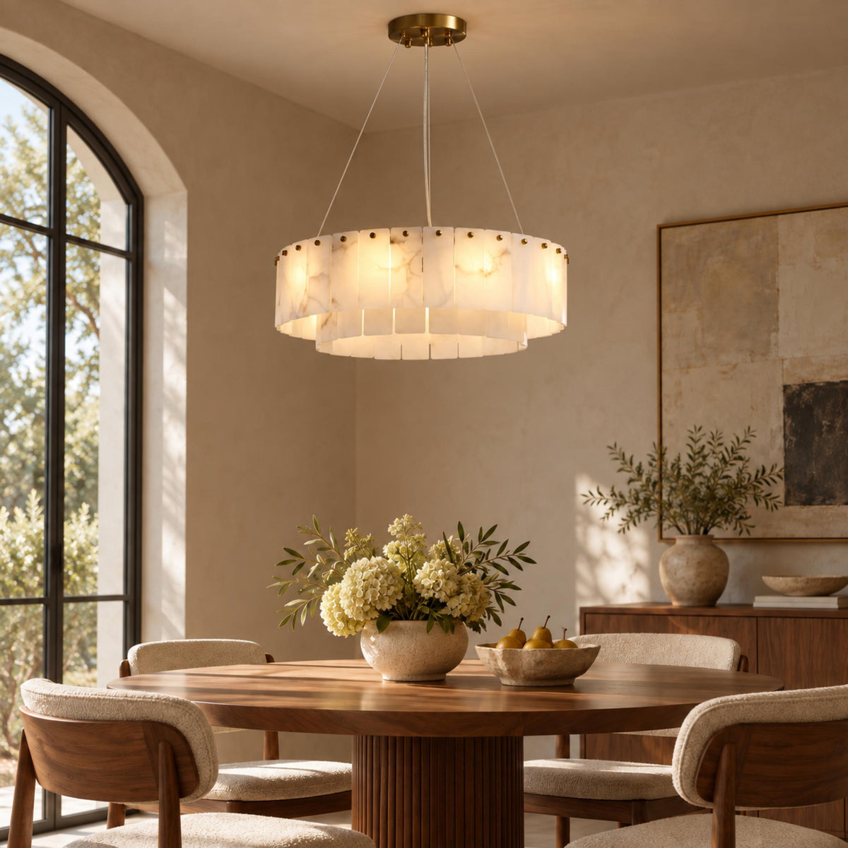 Modern Chandelier Adjustable Hanging Alabaster 9 Light Fixture for Dining Room Gold Finish