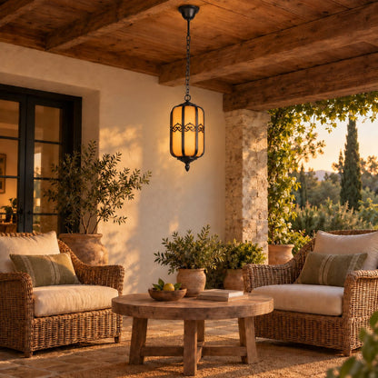 Traditional Outdoor Hanging Light with Faux Alabaster Panels &amp; Sandblasted Black Aluminium Frame